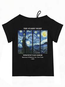 1件女士不对称露肩短袖T恤，星空印花，夏季 - 黑色 - 查看 5