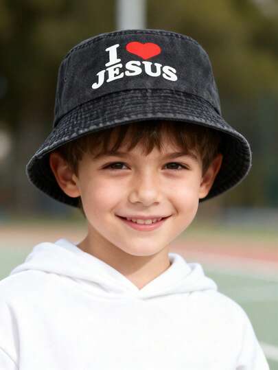 1 pieza Sombrero de cubo "Amo a Jesús" para niños - Sombrero de ala ancha de algodón lavado con protección solar para niños de 3 a 8 años, sombrero transpirable y ajustable a prueba de viento para excursiones al aire juego diario