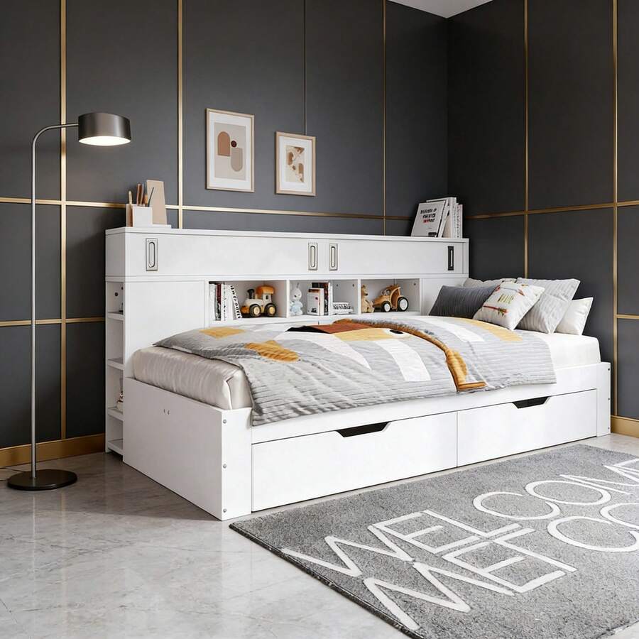 Kids Bed Frames, Headboards & Footboards - White + MDF + 90cm*200cm - View 1