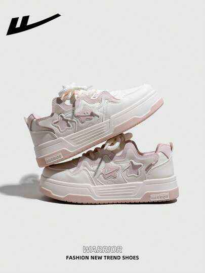  1双 WARRIOR 女士厚底系带软底休闲鞋，低帮户外平底鞋，圆头低跟防滑纯色优雅软底徒步鞋，适合学生、毕业照、平底鞋、低帮皮面运动滑板鞋