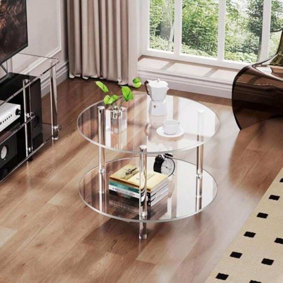Thick Acrylic Coffee Table – Small Round Modern Side Table With 2-Tier Storage, Sturdy & Scratch-Resistant For Small Spaces - Transparent - View 1