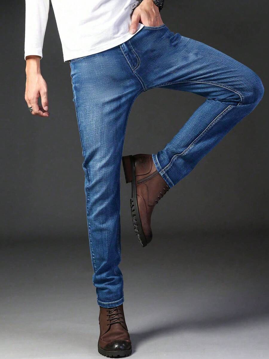 男士商务休闲直筒牛仔裤，弹力牛仔裤，适合日常穿着，时尚百搭 - 寶藍色 - 查看 1