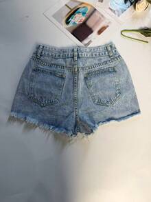 Fashion Women's Straight Leg Ripped Denim Mini Shorts Casual Wear Non-Stretch Fabric - Blue - View 5