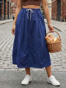 Falda midi cargo para mujer, estilo casual y moderno, color liso, cómoda, con cordón ajustable. - Azul - Ver 6