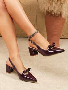 Women's Pointed Toe Bowknot Chunky Heel Pumps, Casual Comfortable Slip-On Shoes, Wine Red, Spring/Summer - Burgundy - View 2