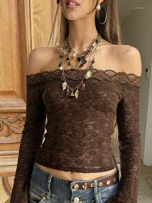 Elegant Off-Shoulder Long Sleeve Slim Fit Top - Brown - View 5