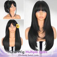 26inch Layered Wig Bangs Black Wig With Bangs Long Black Wig For Women Synthetic Heat-Resistant Hair Layered Style Hair For Daily And Party Use - 黑色 - 查看 2