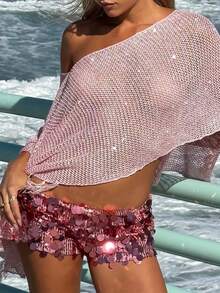 女士休闲性感Y2K风格亮片流苏镂空钩编纯色轻薄针织披肩上衣，不对称下摆波西米亚风沙滩假日音乐节街头休闲装，简约粉色春季 - 粉色 - 查看 3