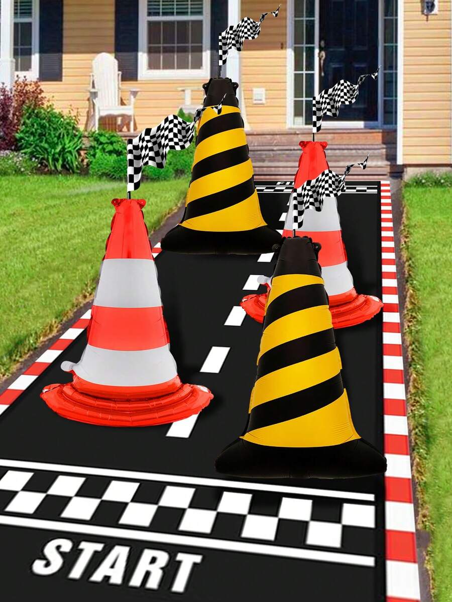 2/4pcs-Red & White Traffic Cone Balloon Set, Includes Red & White Road Barrier, Black & Yellow Road Barrier Balloons, Suitable For Multi-Function Construction Theme, Engineering Party, Sports Activity, Traffic Toy, Birthday Party - 彩色 - 查看 1