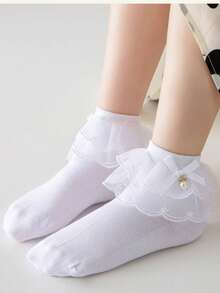 1 Pair Cotton Girls' Large Lace Pearl Bow Dance Socks, Elegant Princess Style Mesh Short Socks For Party Outfit - White - View 10