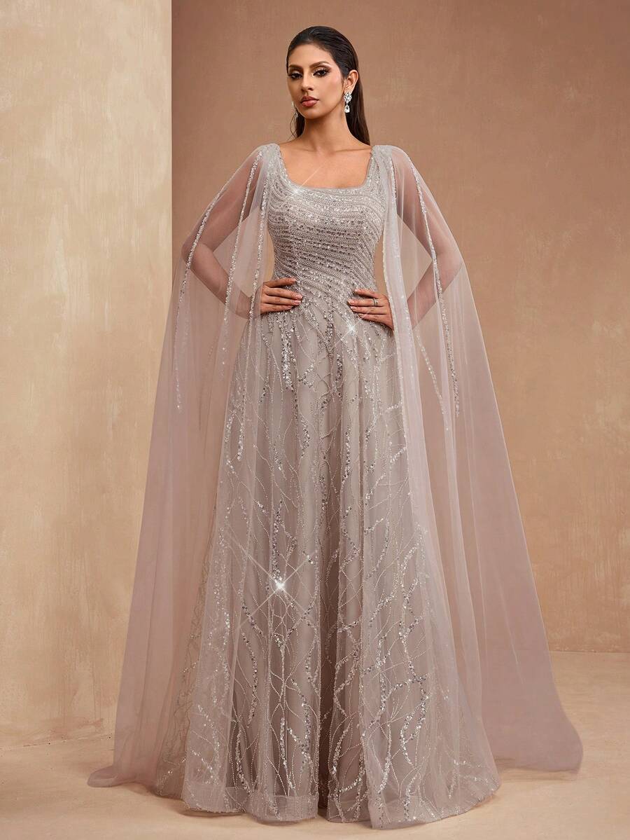 AMILUCK New Arrival High-End Luxury Women's Elegant Sequin & Sequins Lace Square Collar A-Line Floor-Length Dress, Mesh Ruffle Sleeve, Formal Evening Party Wedding Gown - 杏色 - 查看 1