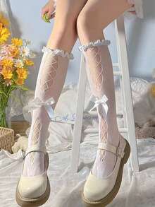 2双日式蕾丝芭蕾舞褶边袜，白色和黑色镂空中筒袜，带蝴蝶结，洛丽塔风格长袜 - 彩色 - 查看 7