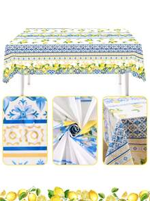 1pc Lemon Plastic Tablecloth, Yellow & Blue Floral Geometric Pattern Rectangular Disposable Table Cover, Italian Theme Decor, Mediterranean Blue Summer Home Kitchen Dining Table Decor, Wedding Bridal Shower Party Supplies - Multicolor - View 4