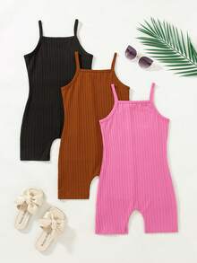 3pcs/Set Jumpsuit Camisole Bergaris Warna Polos Kasual Slim Fit untuk Anak Perempuan - Hot Pink - View 2