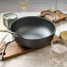 1pc Wok tradicional chino con tapa de madera, olla antiadherente, sartén de hierro fundido, utensilios de cocina - Negro - Ver 9