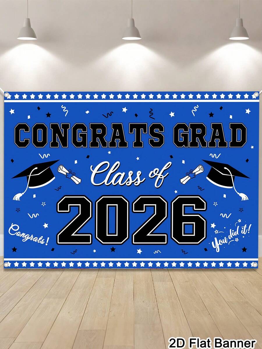 1pc Graduation Banner Background, Class Of 2026 Congrats Grad Pattern Backdrop, Blue White Background Cloth, Indoor Outdoor Wall Decor, Graduation Decorations 2026 High School College Party Supplies, Room Home Decor - Blue and White - View 1
