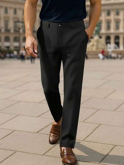 Pantalones con caída vintage al estilo caballero, pierna recta holgada, textura negra pura para uso casual y de negocios, apto para uso diario y ocasiones de negocios