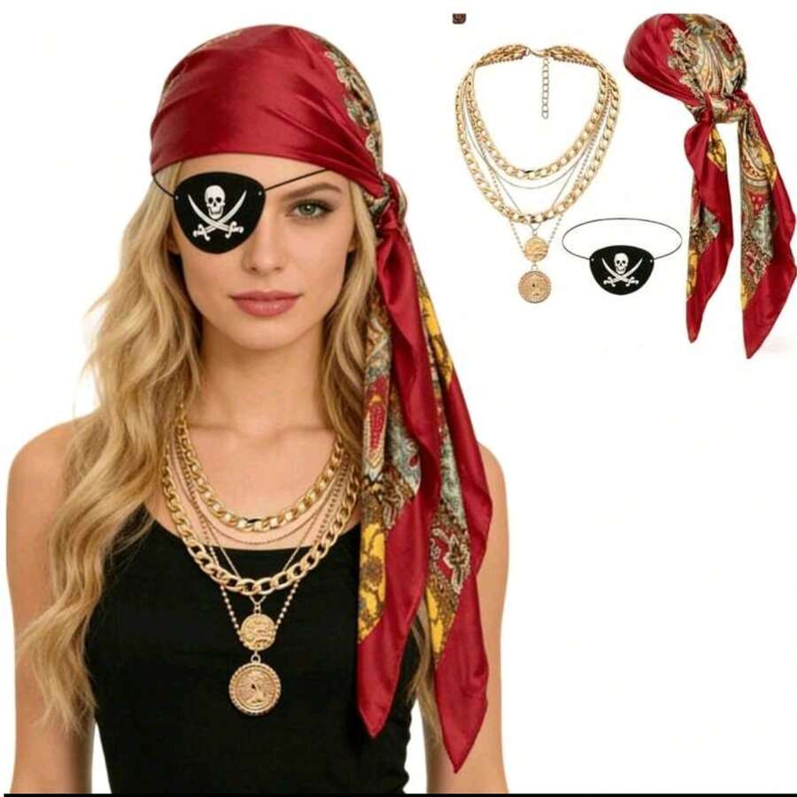 3pcs Carnival Party Costume Set - New Satin Satin PirateHeadband, Belt, Felt Skull Mask & Eye Patch, Funny CosplayMedieval Renaissance Pirate Outfit With Pirate Mask,Suitable For Valentine's Day Masquerade, Christmas Part - Multicolor - View 1