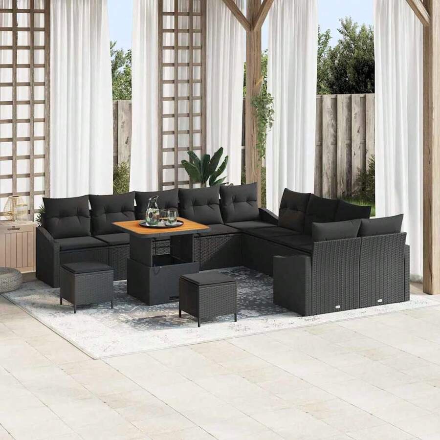 vidaXL 13-teiliges Gartensofaset mit Kissen, Schwarz Polyrattan - Schwarz - Übersicht 1