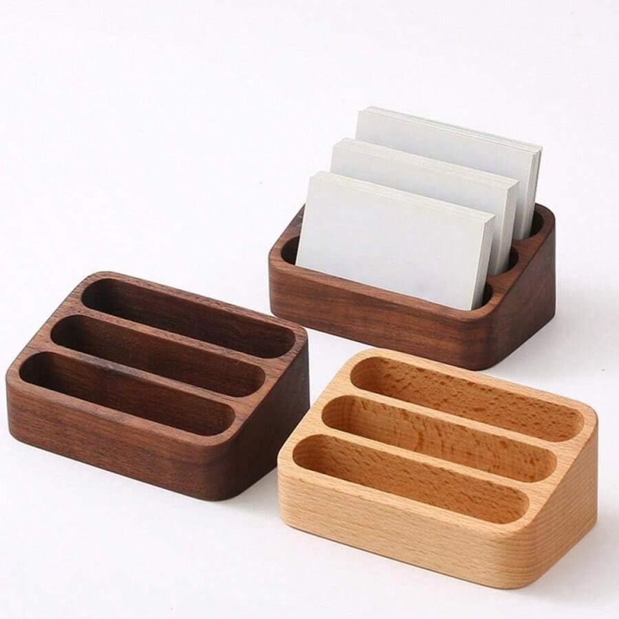 3-Slot Minimalist Business Card Holder, Black Walnut Wood - Three-layer Business Card Holder - View 1