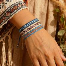 1pc Fashionable Minimalist Bohemian Geometric Retro Pattern Woven Bracelet, Adjustable Woven Bracelet, Stackable Woven Bracelet, Elegant Women's Bracelet, Suitable For Daily Wear, Gift For Family, Friends, Couple, Birthday, Bohemian Fashion Jewelry - Multicolor - View 2