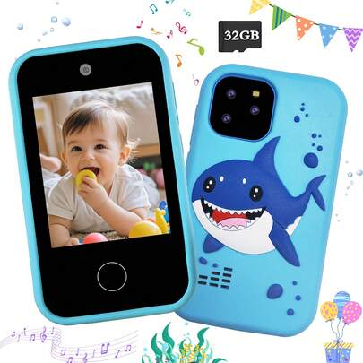 儿童智能玩具手机 - 硅胶防滑防摔保护套，2.8英寸高清触摸屏 - 双摄像头，内置教育游戏和音乐播放器 - 兼容32GB内存卡 - 适合3-10岁男孩女孩的生日和节日礼物