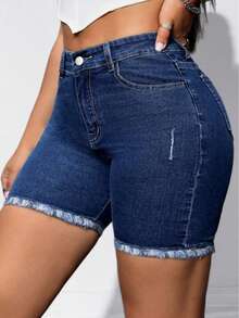 New European And American Style Dark Blue Stretch Denim Shorts, Simple And Fashionable. Suitable For Dating, Work And Daily Elegant Wear Casual Summer - Blue - View 6