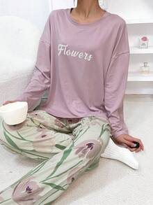 2件組女款睡衣套裝，英文字母圓領套頭上衣與花卉滿版印花長褲，易打理面料 - 淡紫色 - 查看 5