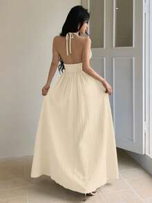 abyoxi 杏色性感深V领露背A字荷叶边下摆休闲长裙，腰部饰有花卉图案，适合度假、海滩、旅行、新年、情人节等场合。 - 杏色 - 查看 2