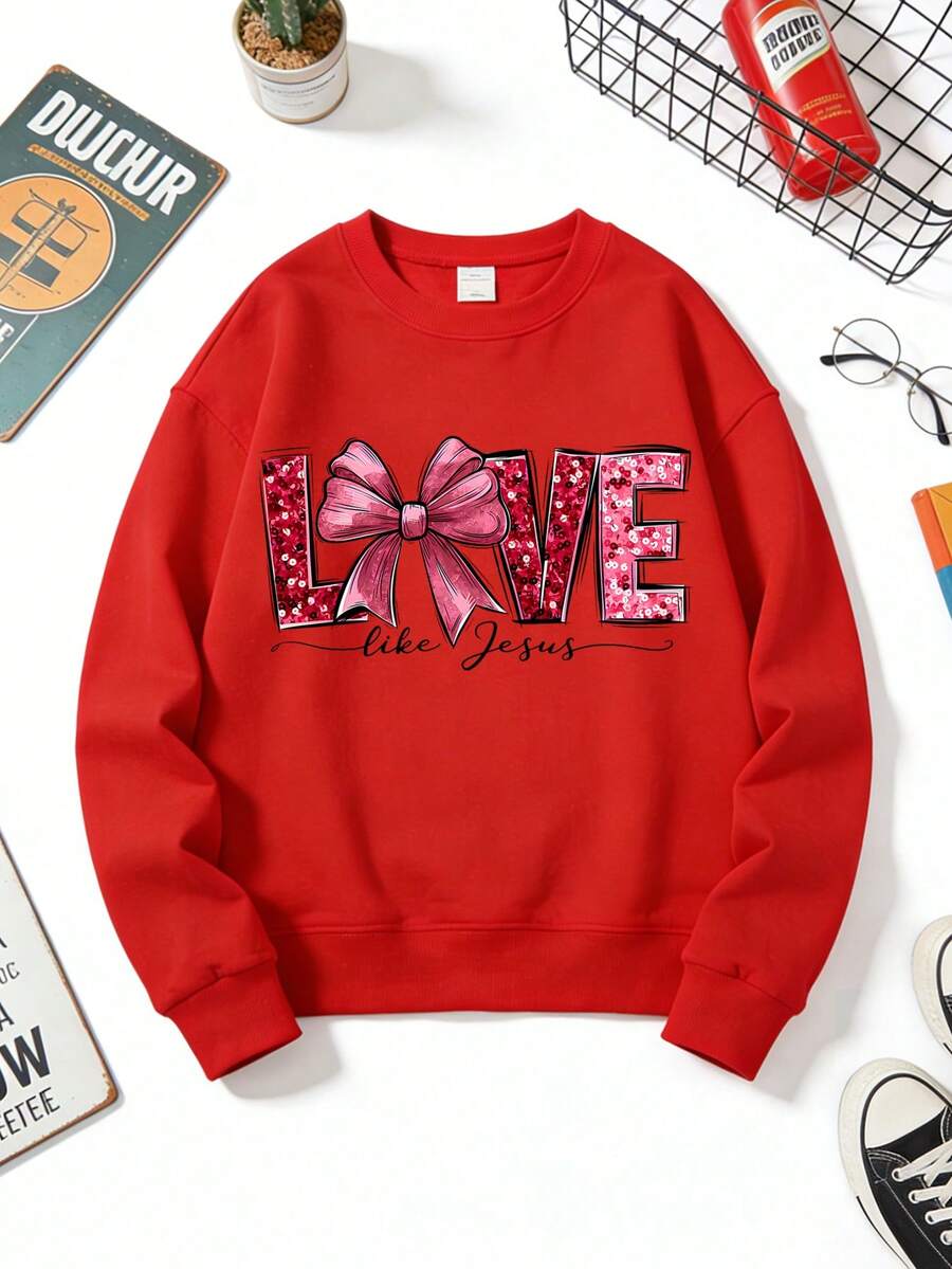 1pc Girls' Cozy Valentine Crewneck Sweatshirt: Glittery "Love Like Jesus" Bow Graphic Print, Great For Daily Wear & Valentine's Day Celebrations - 紅色 - 查看 1