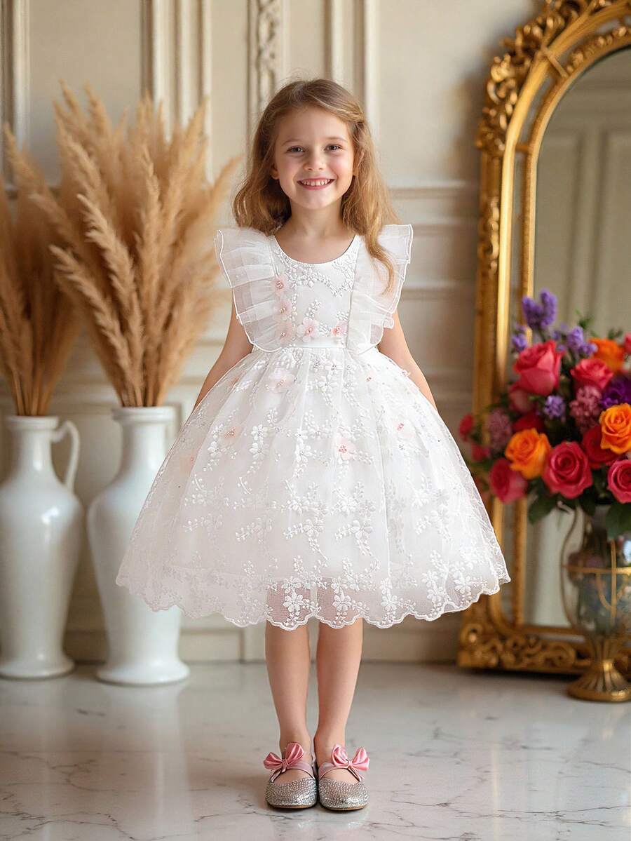 Young Girls Beaded Embroidered Mesh Cap Sleeve Elegant Flower Girl Wedding Princess Dress, Suitable For Birthday, Prom, Vacation, Party, Does Not Include Headband - White - View 1