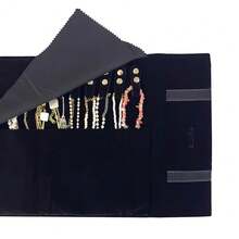UnionPlus Velvet Travel Jewelry Roll Bag Organizer For Necklace, Elastic Band And Anti-Winding, Black - Black - View 6
