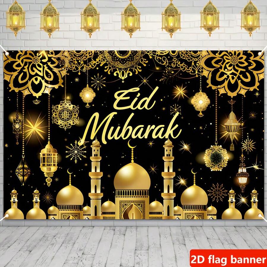 2D Flag Banner, Eid Mubarak Background Decor Flag, Black & Gold Eid Party Home Decor, Made Of Polyester, No Electricity Required - Multicolor - View 1