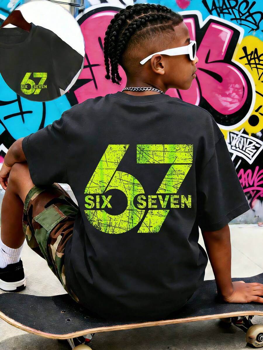 Tween Boy- Creative Green Number 67 Print T-Shirt, Suitable For Casual, Streetwear, School, Event Wear, Fashionable Boys Summer Top - Dark Grey - View 1