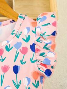 迷人青少年女孩夏季洋裝－紫色飄逸袖口、美人魚鱗片印花搭配亮片細節、膝長、可機洗、美人魚洋裝 - 粉色 - 查看 3