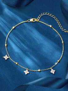 1pc S925 Sterling Silver Minimalist Beaded Chain Clover Anklet, Versatile For Vacation, Daily Wear, Exquisite Holiday Gift - Four Leaf Clover - View 3