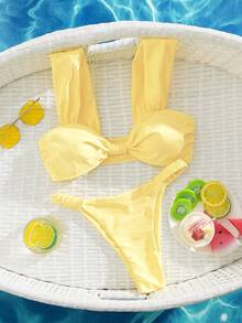 PEPPERMOLLY New Solid Color Soft Padded Thick Strap Ruched Sexy Bikini Set, Women Summer Beach Fashion Swimwear Vacation - Light Yellow - View 2