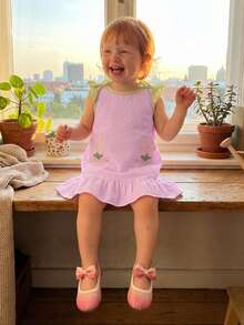 Toddler Baby Girl Flower Dresses Kid Infant Summer Clothes Embroidery Floral Sleeveless Tank Dress Seersucker Stripe Ruffle Sundress - Pink - View 2