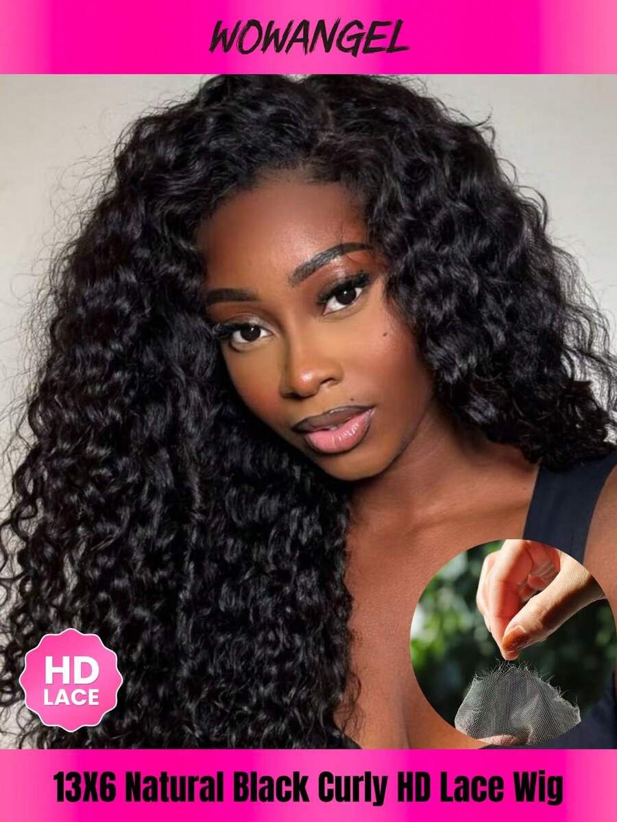 WOWANGEL 18-28 Inch Curly Lace Front Wigs Human Hair 13x6 HD Lace Front Wigs Pre Plucked Brazilian Curly Human Hair Wig 250 Density Glueless Frontal Wigs For Black Women Long Curly Lace Frontal Wig, Voluminous Water Wave Texture, Breathable & Beginner-Friendly Install - Natural Black - View 1
