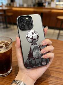 足球图案手机壳，灰色墨水风格，足球印花设计，兼容 13/16/17/15/14/13/12/11及三星系列手机，酷炫足球风格防摔保护壳 - 灰色 - 查看 1
