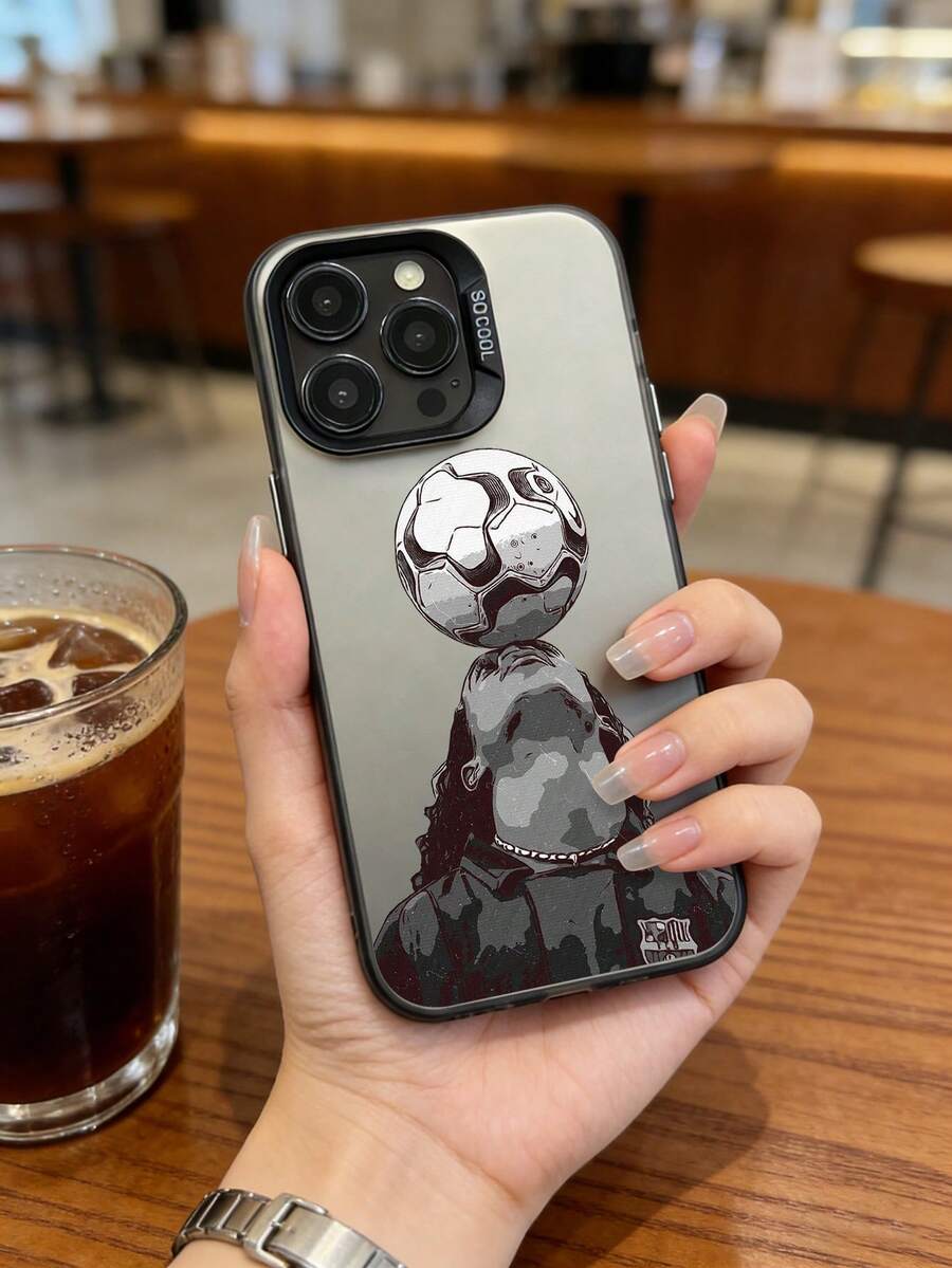 足球图案手机壳，灰色墨水风格，足球印花设计，兼容 13/16/17/15/14/13/12/11及三星系列手机，酷炫足球风格防摔保护壳 - 灰色 - 查看 1