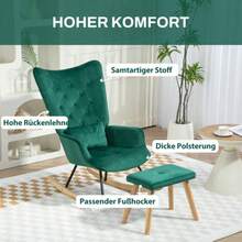 Rocking Chair With Footrest, Reclining Chair With Cushions, Velvet Look, Wingback Chair With Wooden Legs For Bedroom, Living Room, 66 X 96 X 101 Cm, Green - Green - View 4