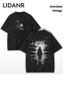 LIDANR 1PC Vintage Heavy Oversized Christian T-Shirt - Crown Of Thorns Jesus Tee, Longline Vintage Washed Heavyweight Top With Religious Graphic, - Church Outfitmen's Clothes Shirts - 黑色 - 查看 1