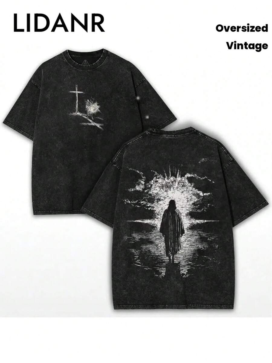 LIDANR 1PC Vintage Heavy Oversized Christian T-Shirt - Crown Of Thorns Jesus Tee, Longline Vintage Washed Heavyweight Top With Religious Graphic, - Church Outfitmen's Clothes Shirts - 黑色 - 查看 1
