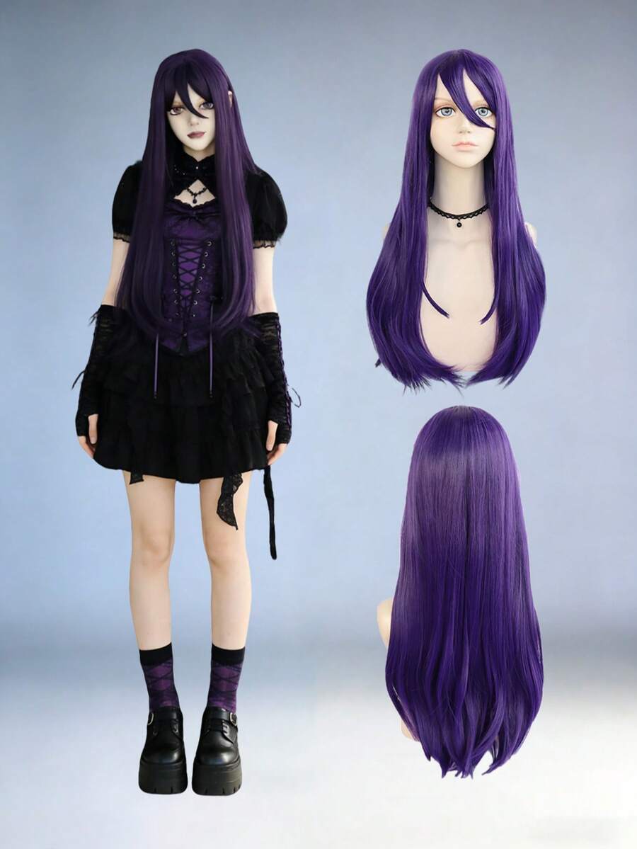 蓬松自然波浪侧刘海长假发，深紫色高温纤维女士假发，弹性轻盈，耐热，适合角色扮演和节日佩戴，引人注目。 - 紫色 - 查看 1