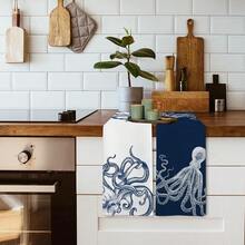 Coastal Octopus Beach Decor Dish Hand Tea Towels For Bathroom Kitchen, Octopus Ocean Nautical Beachy Bathroom Decor, Coastal Nautical Kitchen Towels And Dishcloths Sets Of 2, 16x24 Inches - 藍章魚 - 查看 6