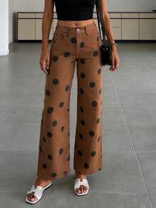 女士复古波点宽松中腰休闲牛仔裤，弹力牛仔裤，时尚百搭街头风 - 棕色 - 查看 9