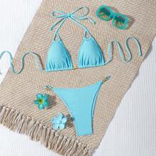 2026 New Summer Women Bikini 2 Pieces Set, Spiral Floral Print Triangle Off-Shoulder Style, Beach Vacation Swimwear - Baby Blue - View 6