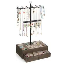 Meangood Jewelry Organizer Stand, 3-Tier Necklace Holder Jewelry Tree With Wooden Storage Drawer Box For Necklace Bracelet Earring Ring, Carbonized Black - 風化灰 - 查看 3