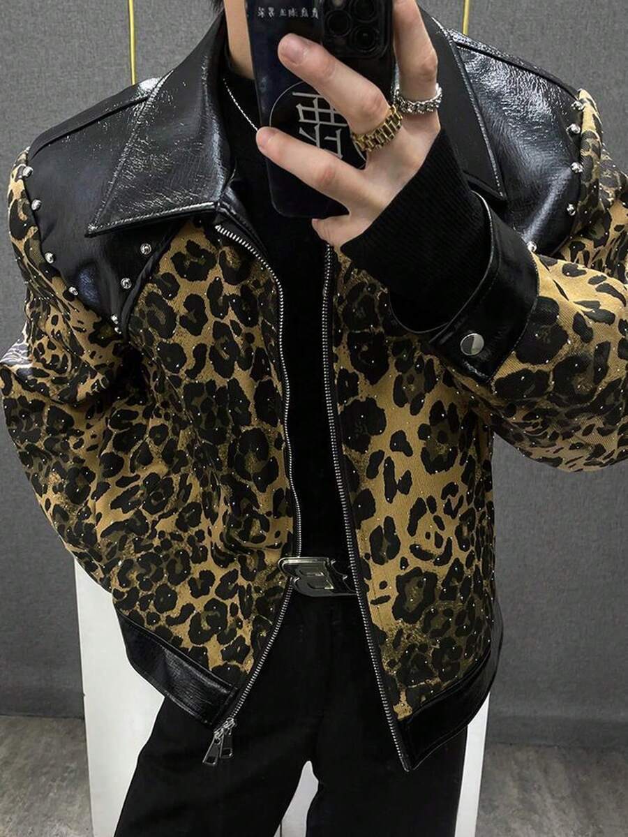 New Autumn And Winter Styles, Street Style, Patchwork, PU Leather, Starry Sky, American Style, Retro, High-End, Leopard Print, Handsome, Men's Jacket, Men's Coat, Couple Style - 豹紋色 - 查看 1
